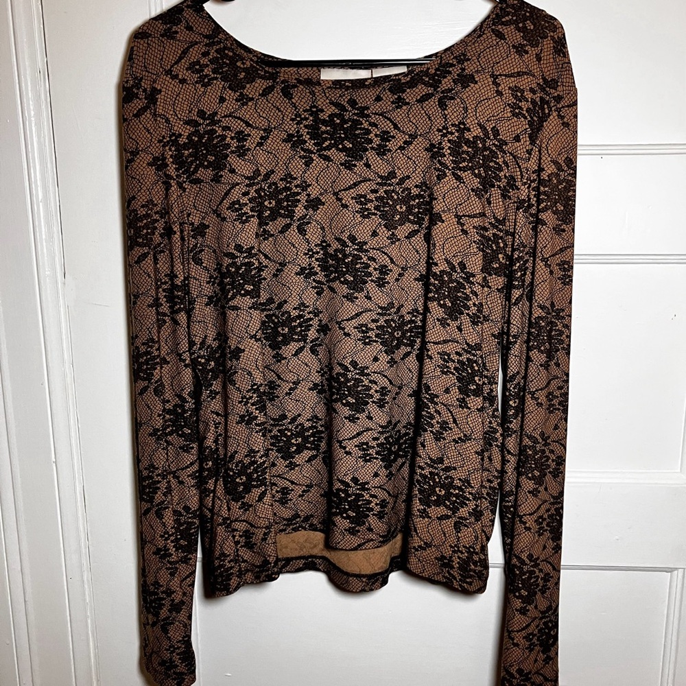 Worthington Tan Fabric with Black Lace Design